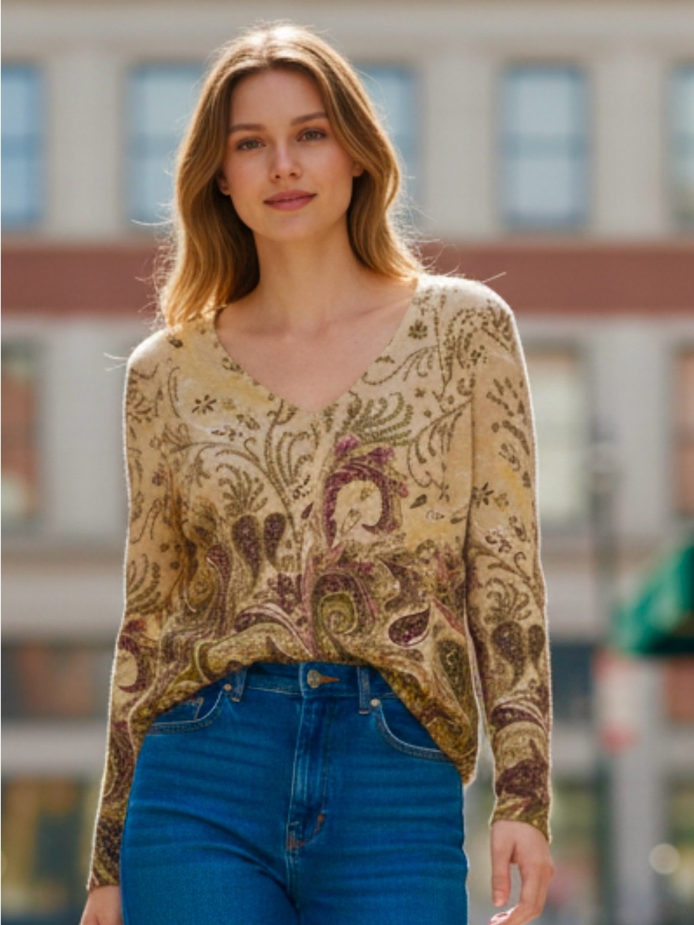 Charter Club Cashmere 100% Cashmere Sweater Paisley V- Neck Women's L